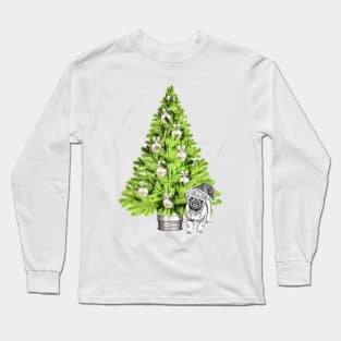 Pug dog Christmas scene with Christmas tree and Santa hat Long Sleeve T-Shirt